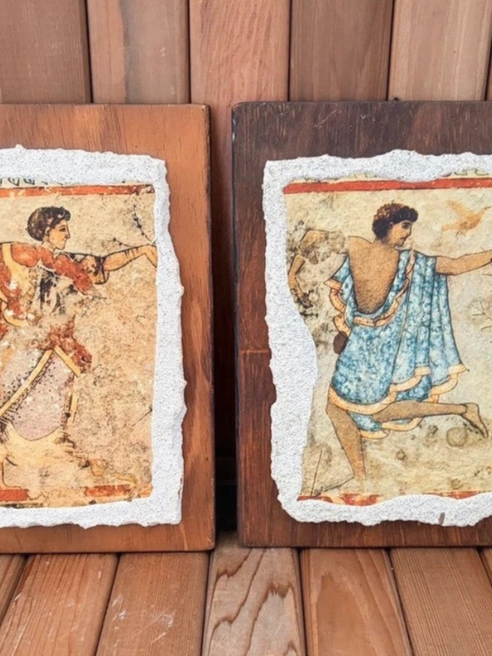 ARS-MARTOS Italy Fresco Wall Plaques Set of 2 Wooden Greek Roman Art, Vintage